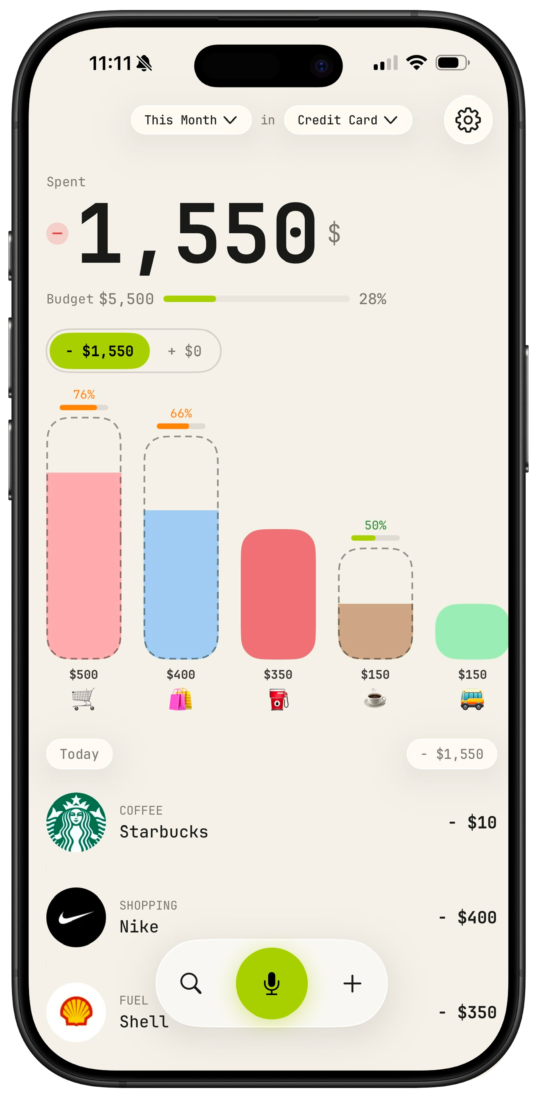 Spent dashboard showing the month's spending and category buckets